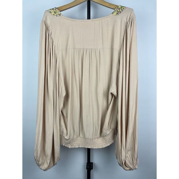 Maeve Anthropologie Cream Kristie Long Balloon Sleeve Sequin Peasant Blouse S - Picture 9 of 9